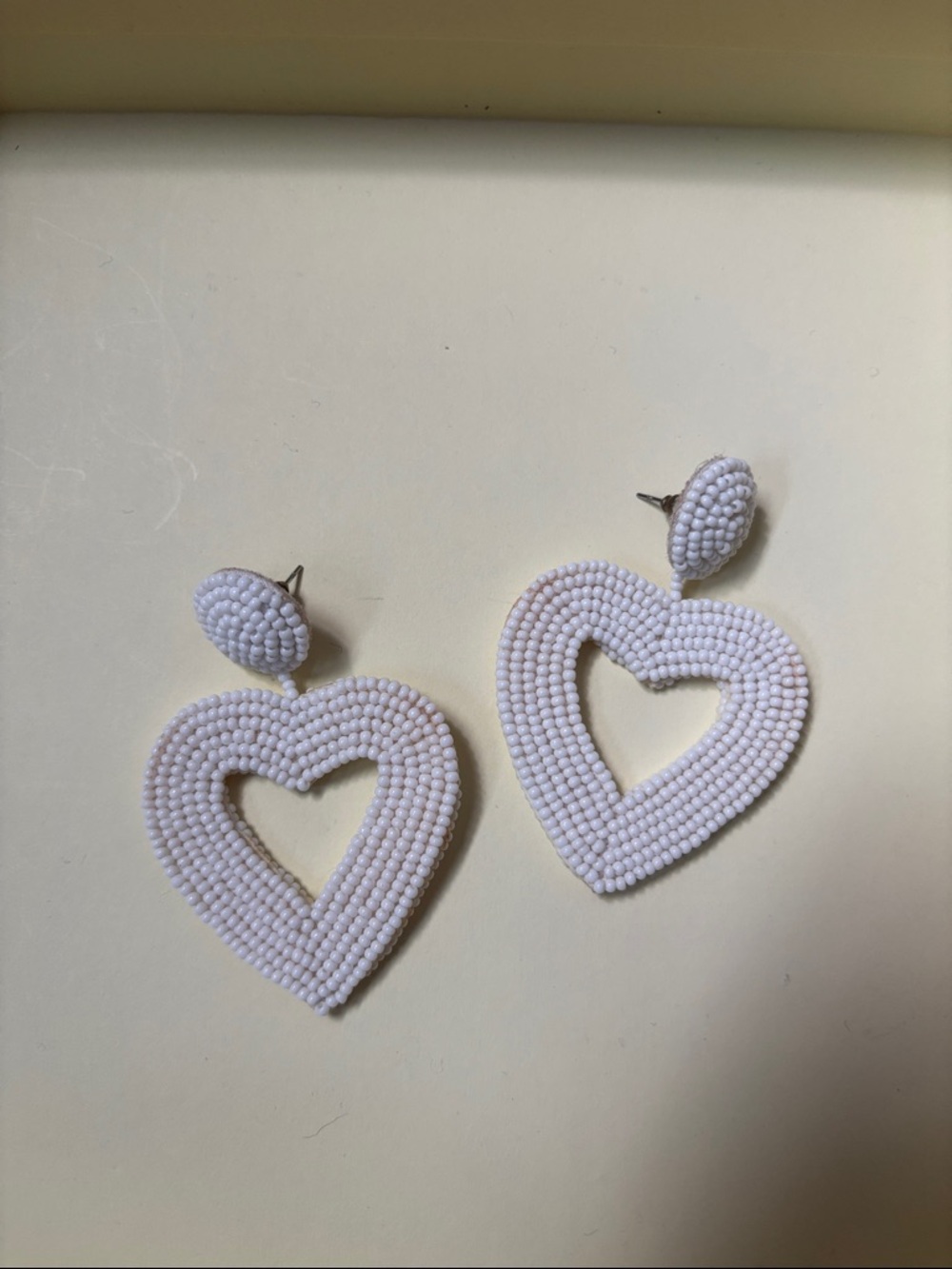 White Beaded Heart Drop Earrings